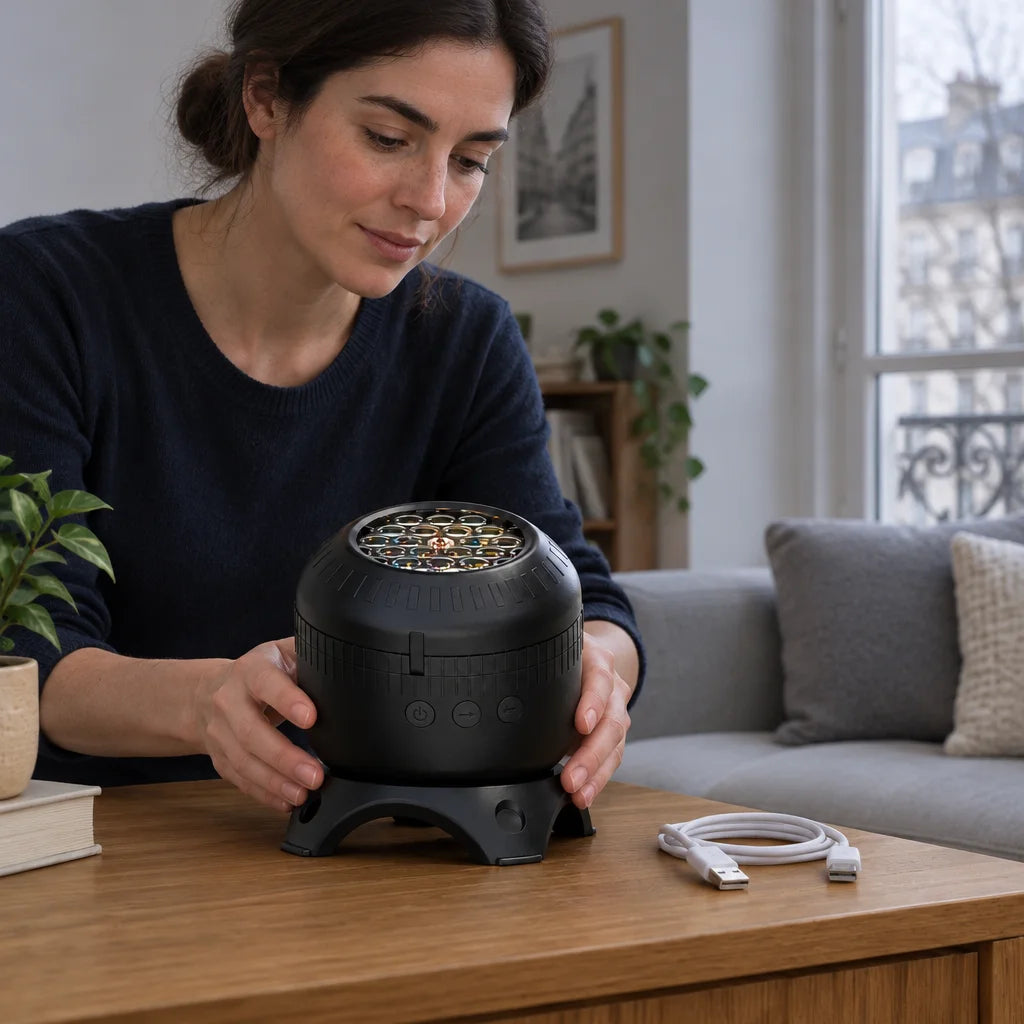 A square close interior photograph in a modest French living room: the exact black projector sits up