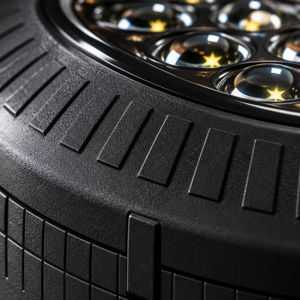 An extreme macro photograph of the exact black projector’s upper casing: matte molded plastic ribs m