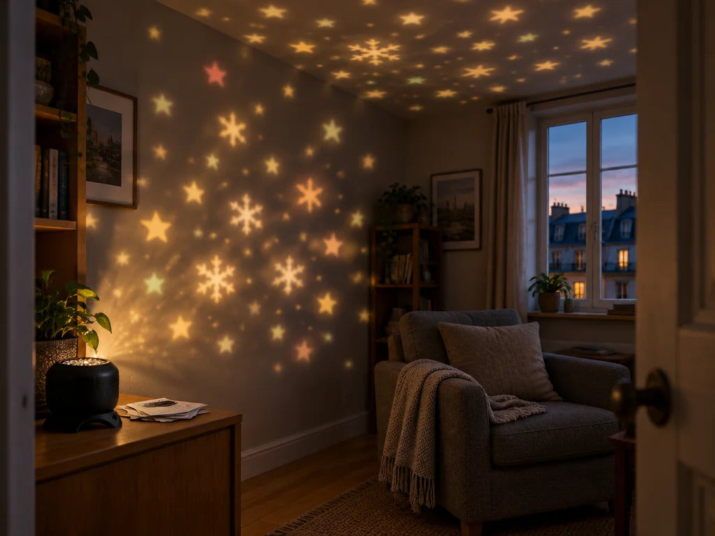 A landscape photograph of a small French living room from the doorway: the exact black projector is
