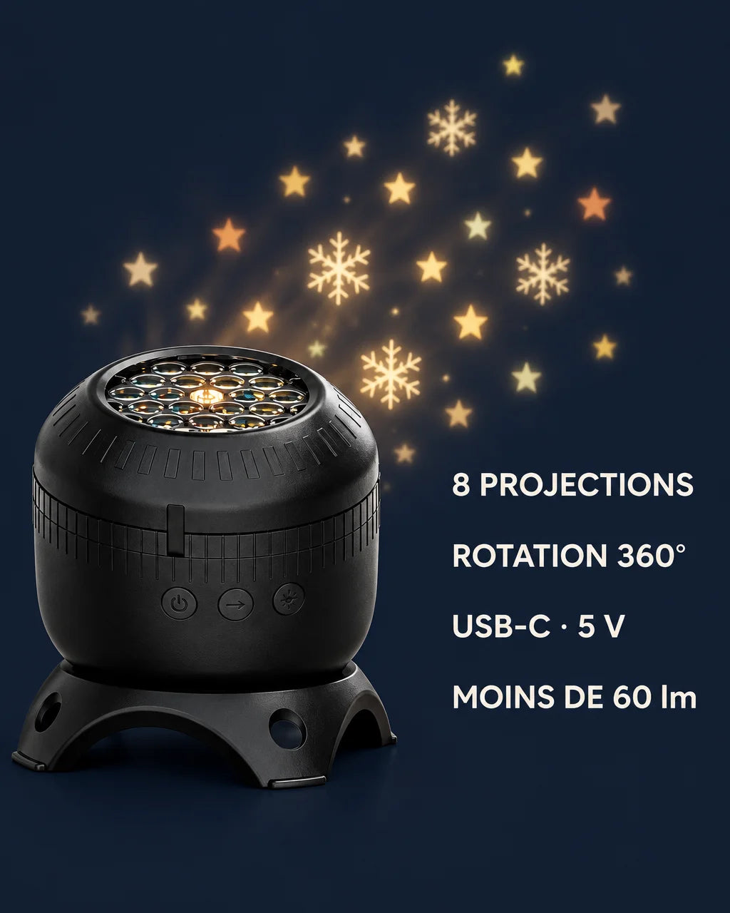 A readable French product-facts graphic on a deep #162238 field: the exact black Christmas projector