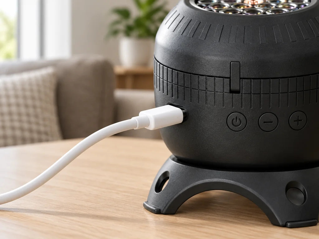 A landscape close-up in a real room of the exact black projector’s USB-C connection: the white USB-C