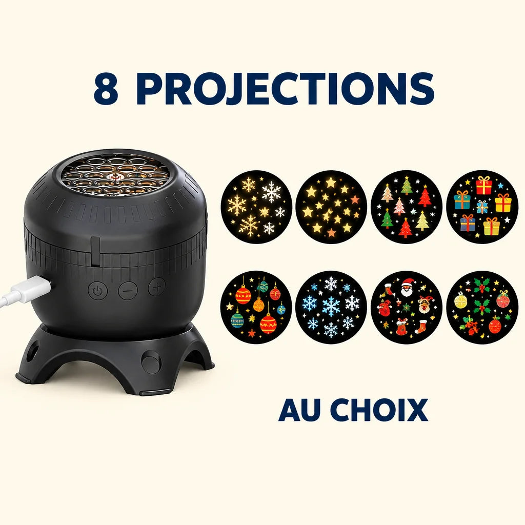 A clear French explanatory graphic on a warm pale #FFF9F0 field: the exact black projector is shown